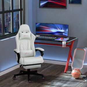 High Back PU Leather Gaming Chair, Racing Computer Chair With Swivel Wheels, Retractable Footrest, Headrest, Lumbar Support, And Armrest, White And Pink